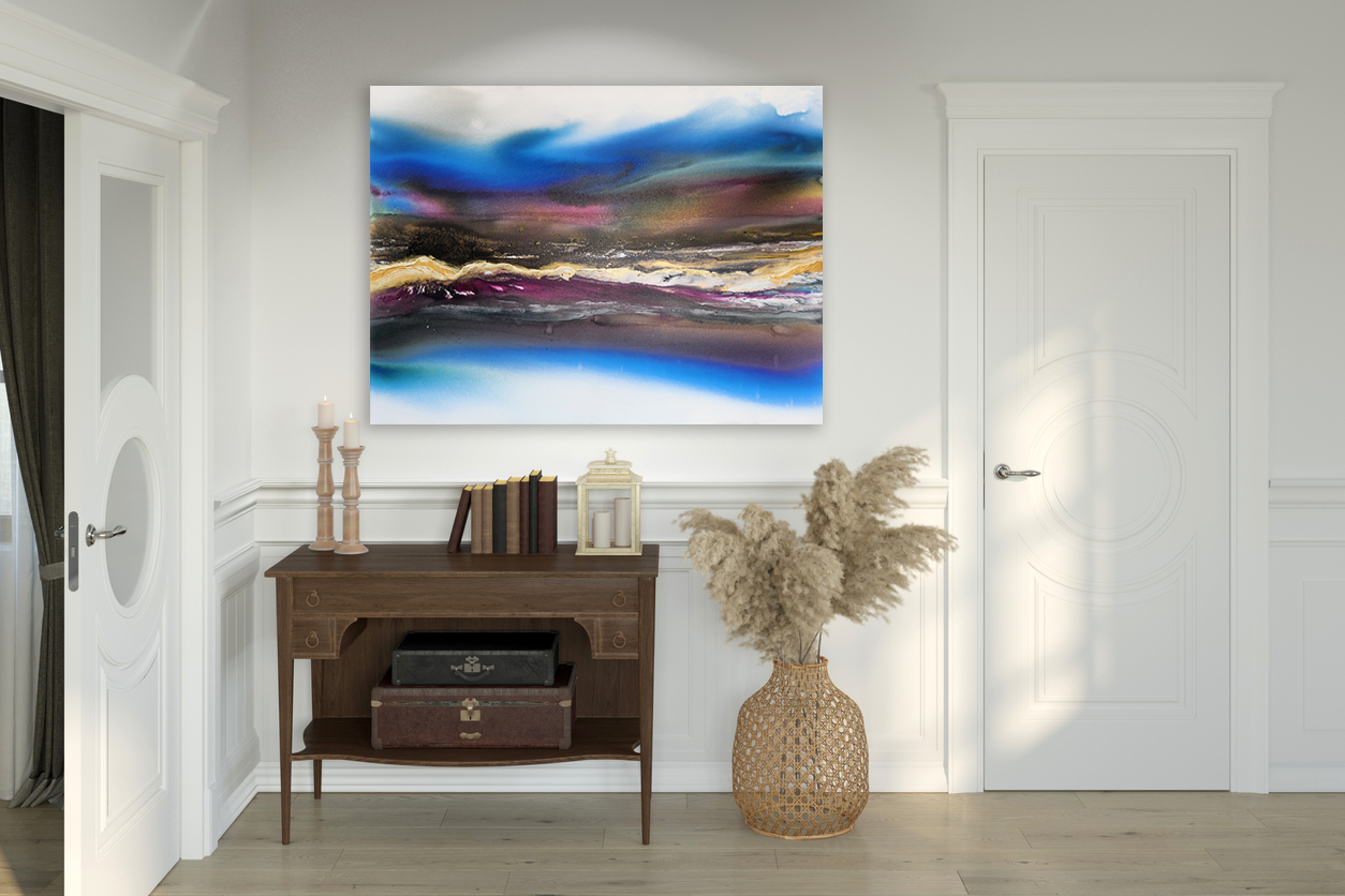 White Hall In A Modern Classic Style With A Horizontal Poster Over A Wooden Cabinet With Decor, Pampas Grass In A Wicker Basket, Two Doors, Paneling On The Walls, Wooden Floor. Front View.