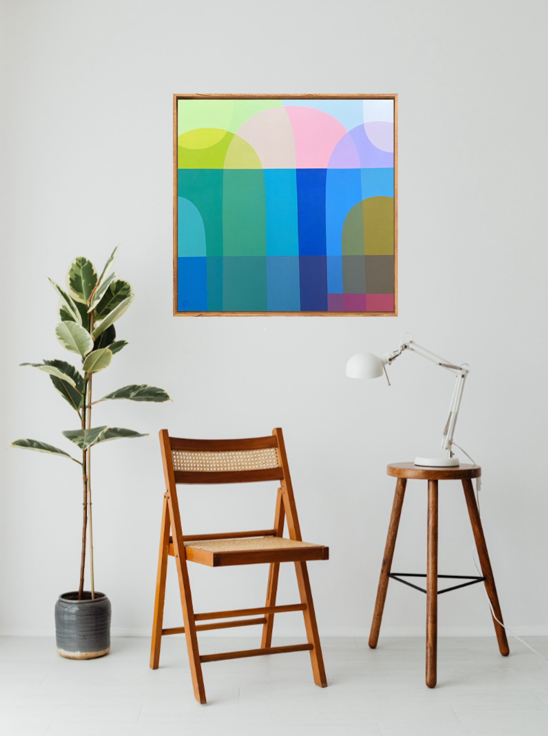 Charlotte De Pace Seaside Reverie Abstract Painting Insitu Above Chair Art Lovers Australia
