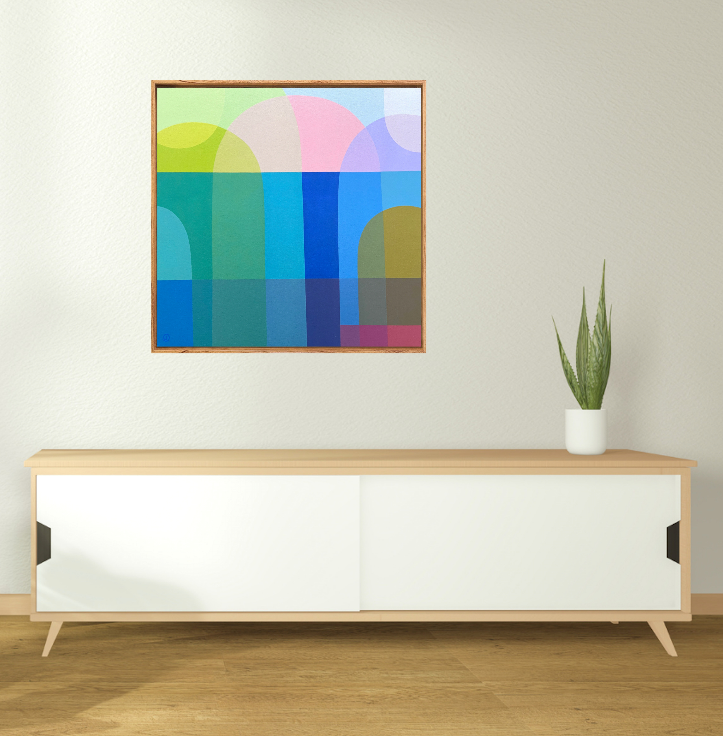 Charlotte De Pace Seaside Reverie Abstract Painting Insitu Above Sideboard Art Lovers Australia