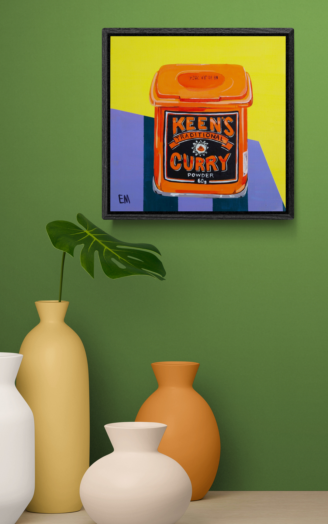 Ceramic Vases And A Plant Sitting On A Shelf