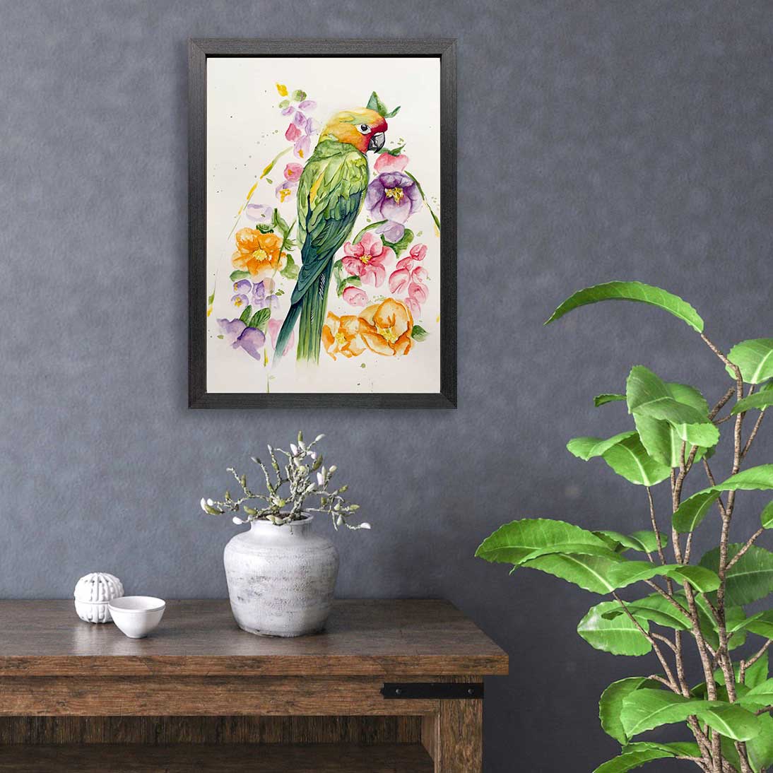 Parakeet Paradise Watercolor Bird Framed By Jess King Insitu