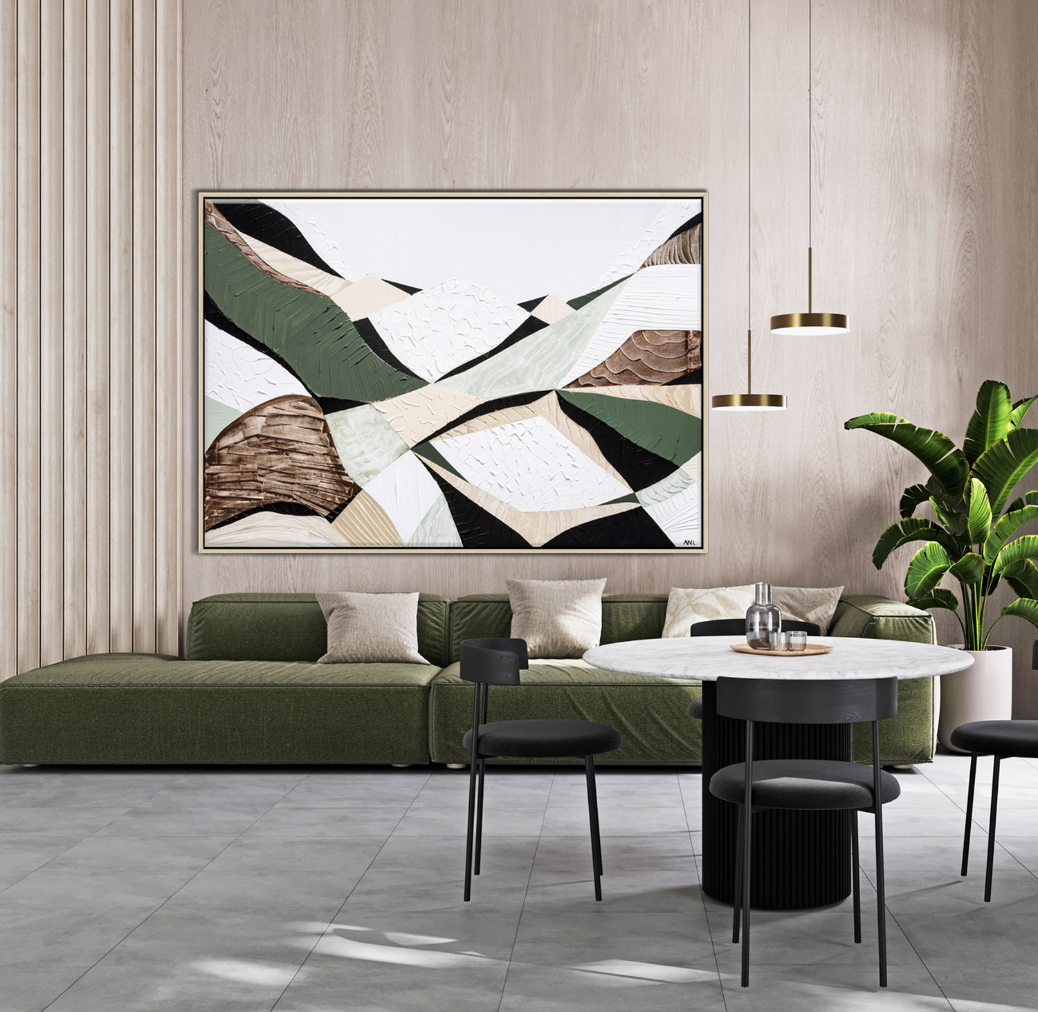 Minimalist Living Room Interior With Dining Area, Modern Green S