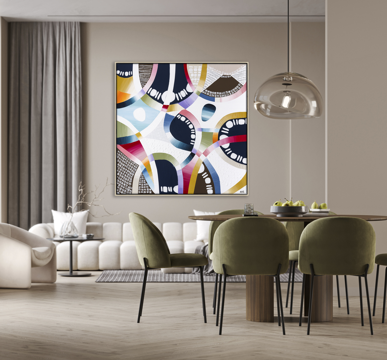 Home Living Room Interior With Table And Green Chair, Modern Light Dining, Beige Empty Wall Mock Up, 3d Render