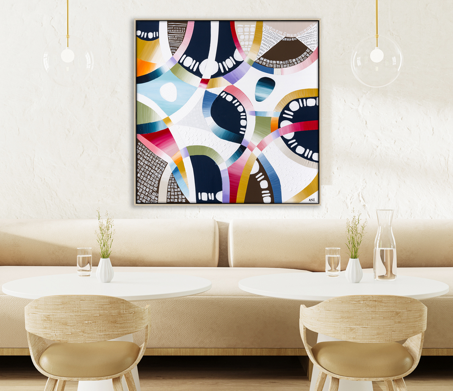 Picture Frame Mock Up Above Light Beige Sofa In Cafe With Round Coffee Tables And Chairs, 3d Rendering