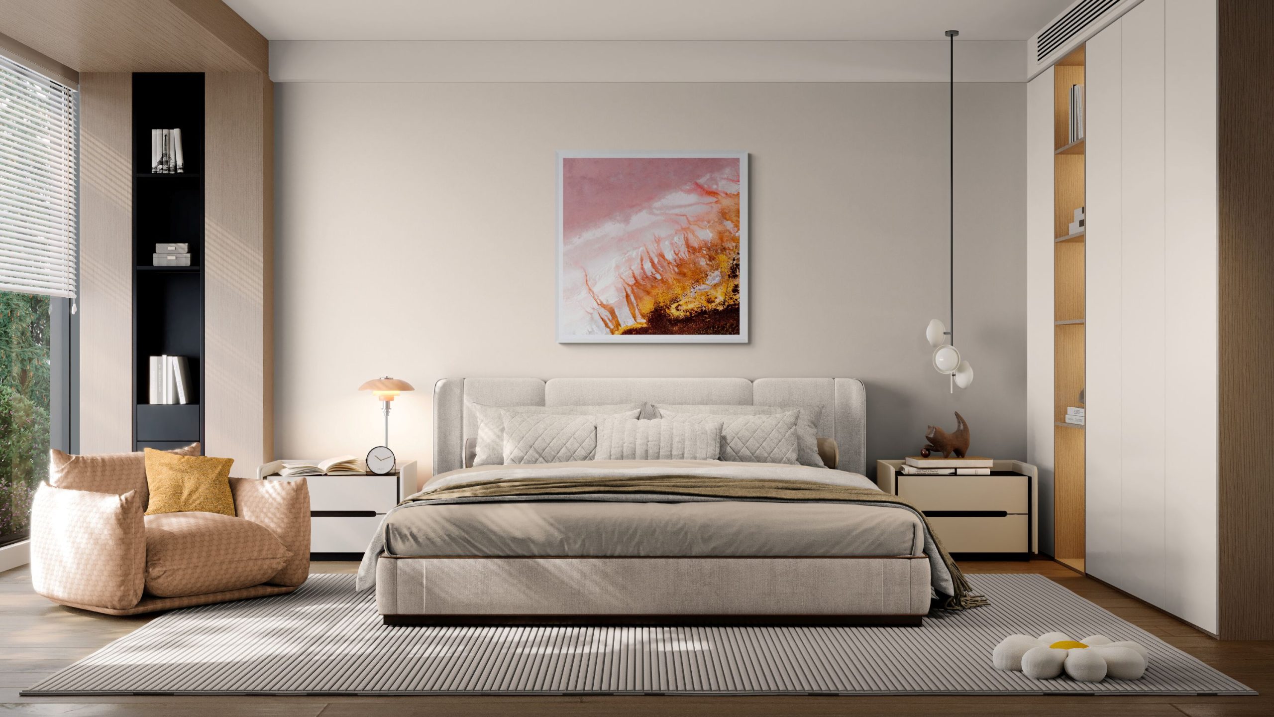 Modern Bedroom With A Large Bed And Armchair (1)