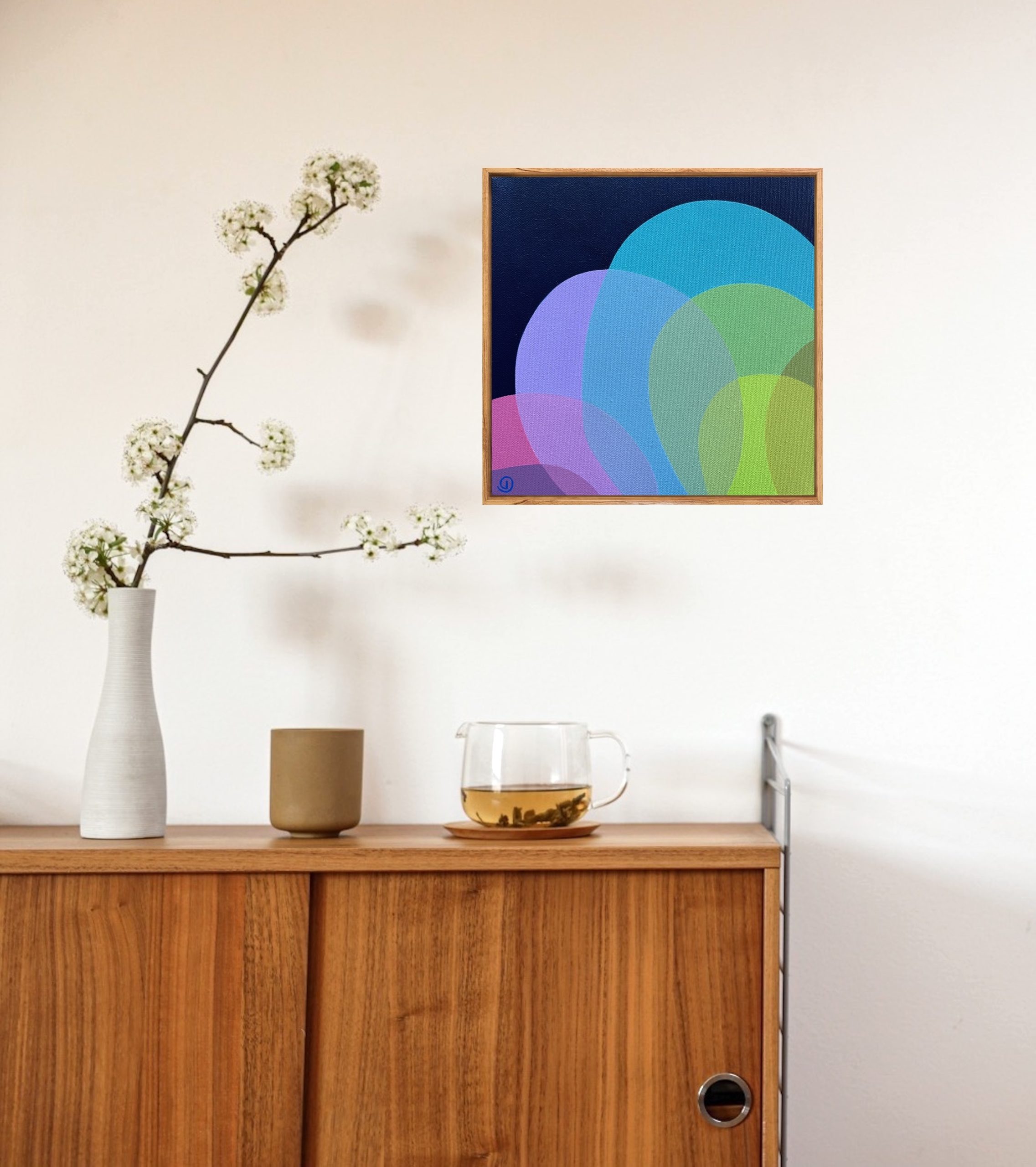 Charlotte De Pace Midnight Bloom Ii Abstract Painting Insitu Above Sideboard Art Lovers Australia