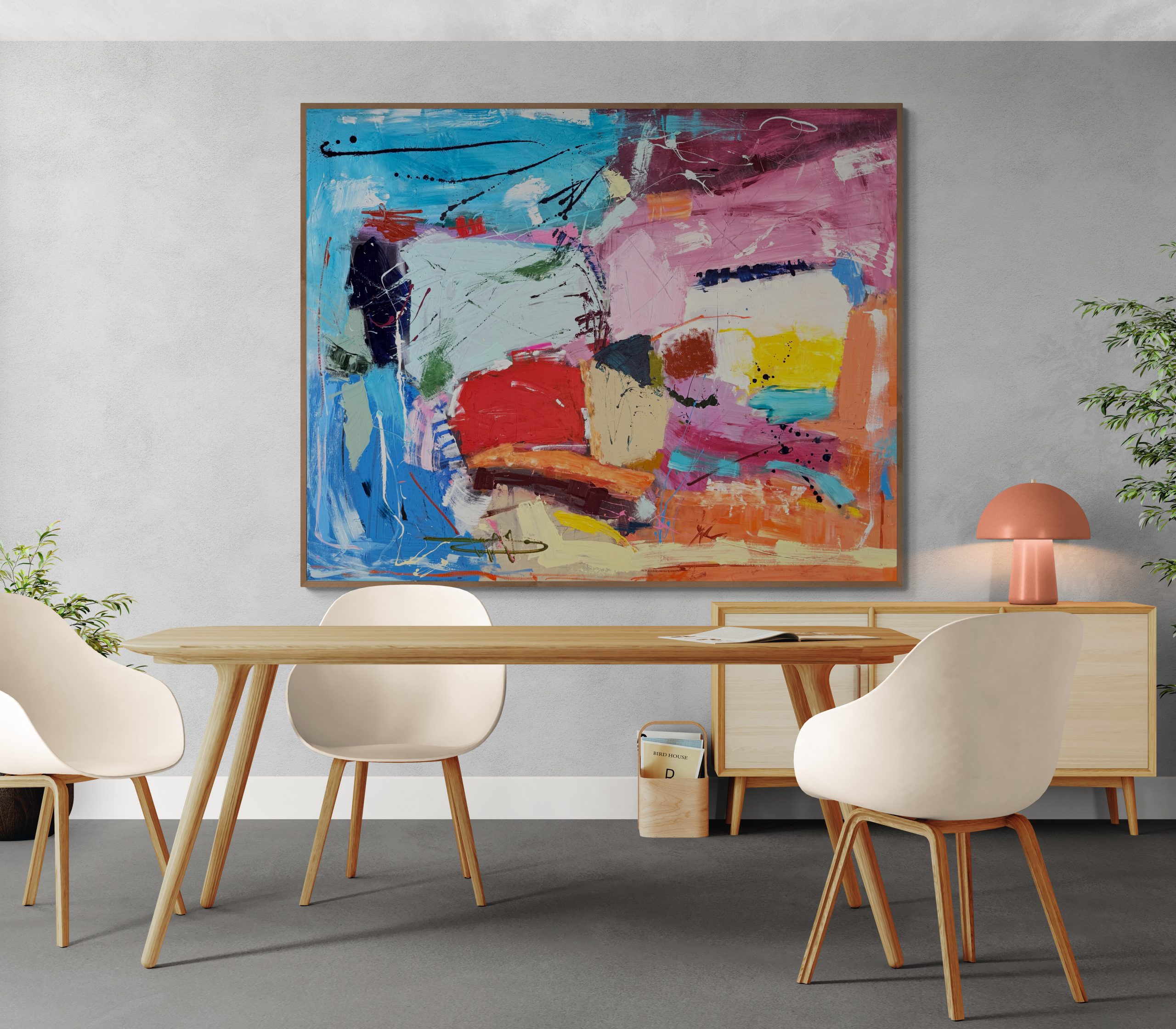 Dining Area With A Cabinet And Lamp