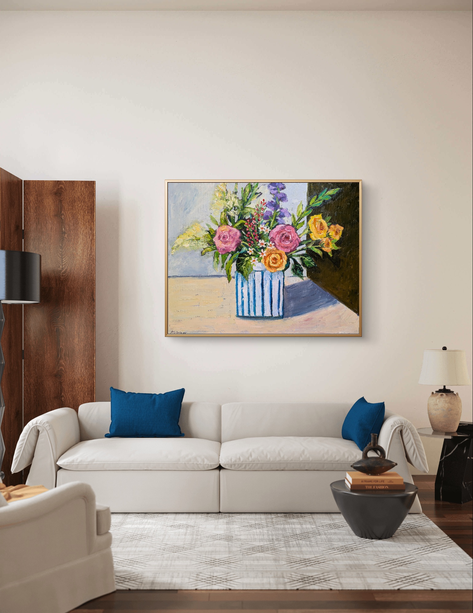 Roses In Striped Vase Wall Art