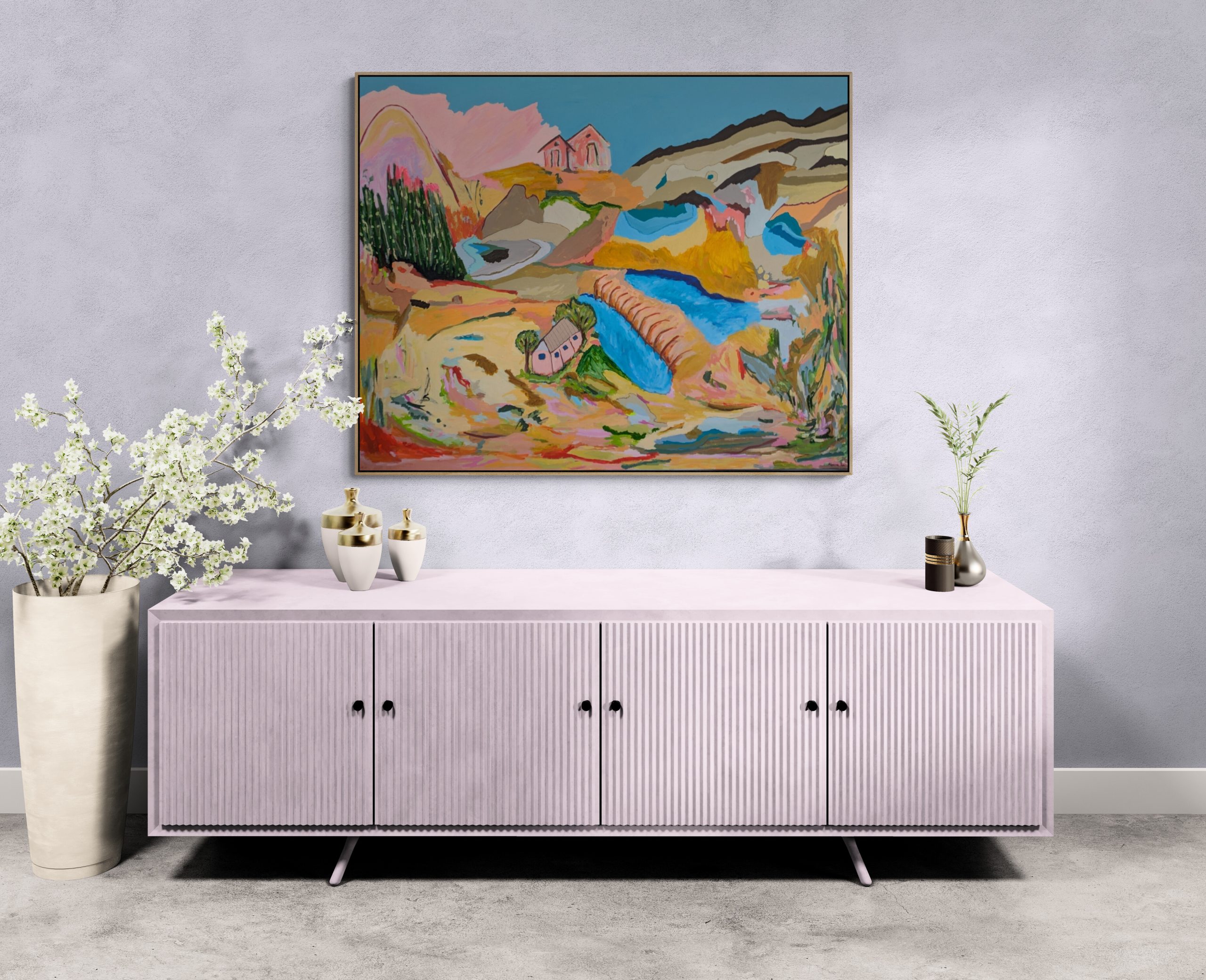 Living Room With A Large Cabinet And Plants (1)