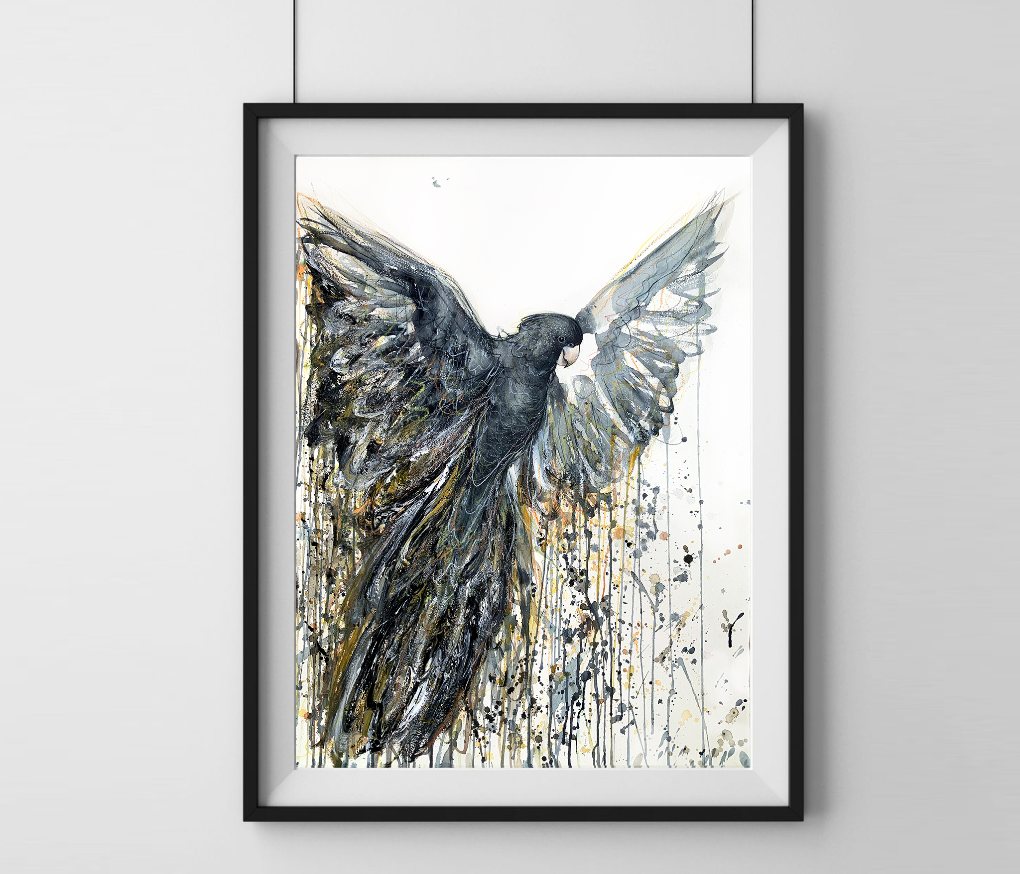 2a Sydney Artist Leni Kae Flight Of The Black Cockatoo 56x76 Black Frame Eg