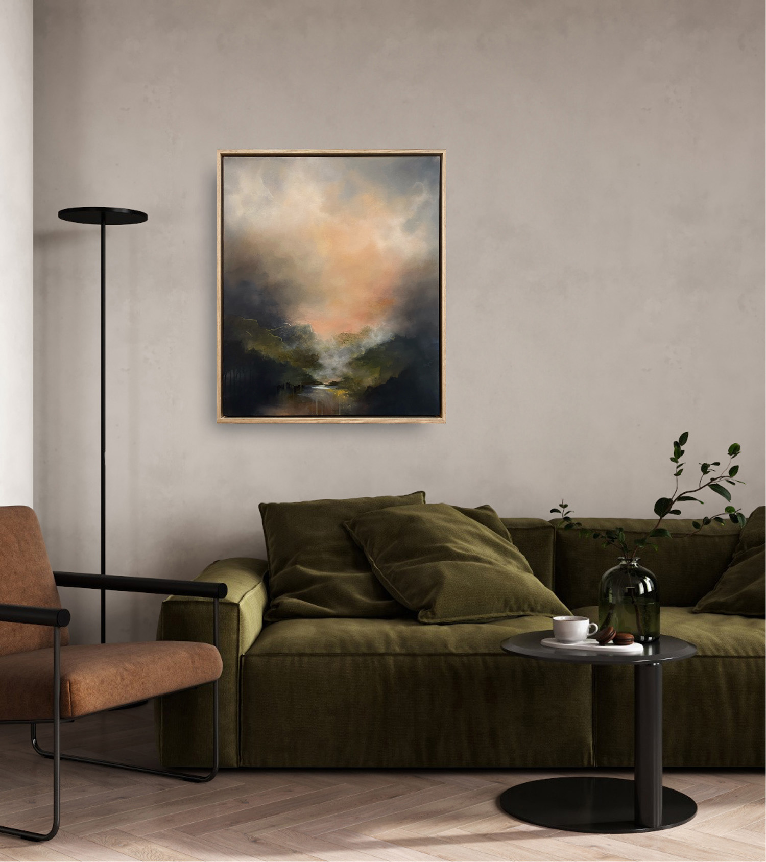 Cradled In The Arms Of Mountains With Green Couch