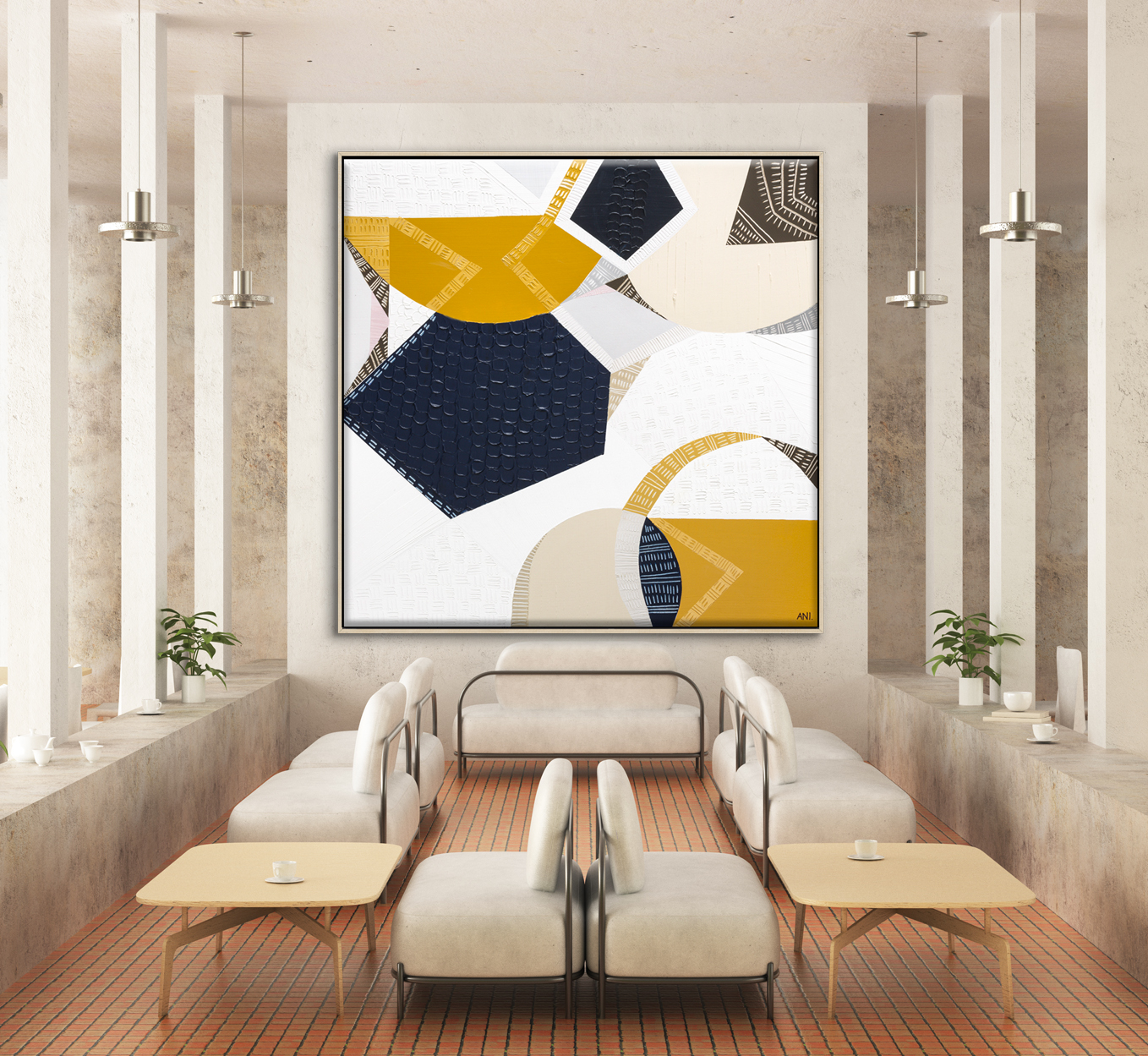 3d Illustration Mockup Photo Frame In Lounge Or Canteen