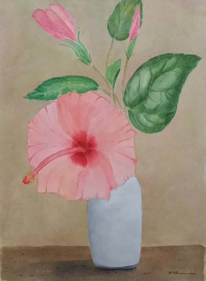 Pink Hibiscus in Stoneware Vase