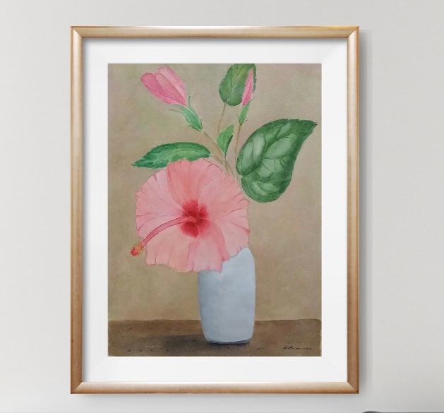 Pink Hibiscus In Stoneware Vase In A Frame