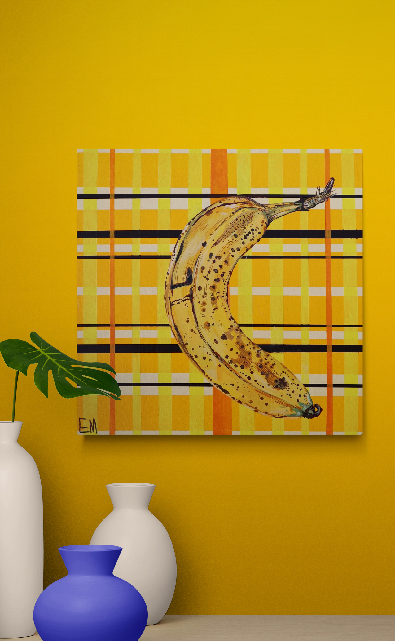 Ceramic Vases And A Plant Sitting On A Shelf