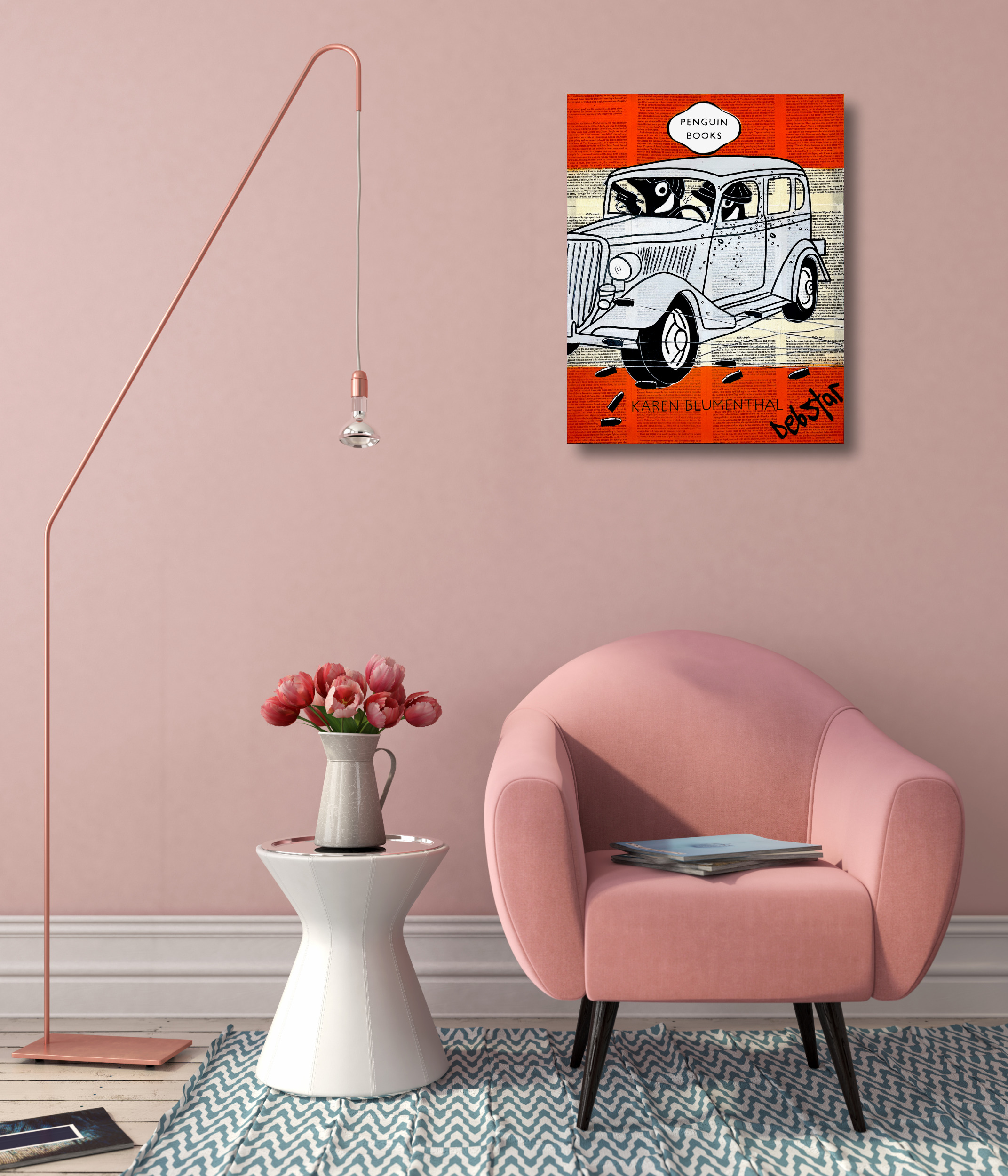 Interior With Pink Chair And Stylish Floor Lamp