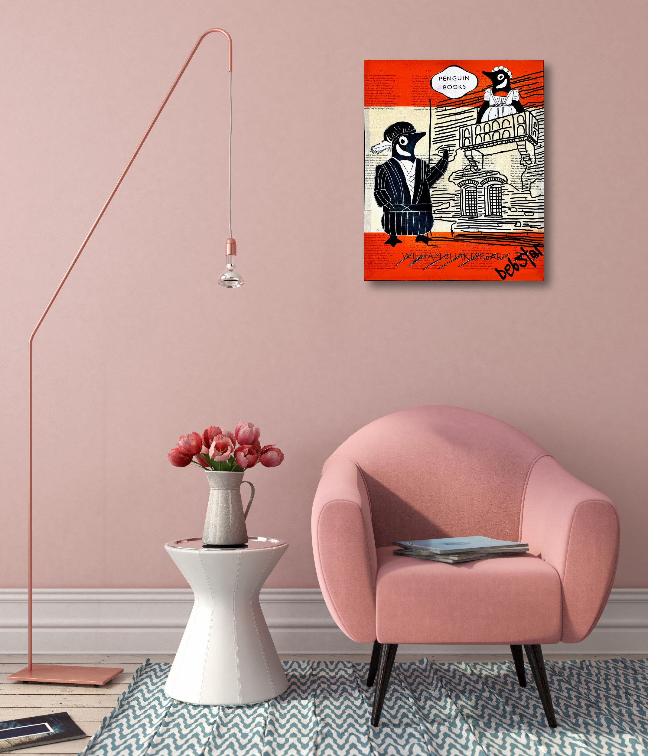 Interior With Pink Chair And Stylish Floor Lamp