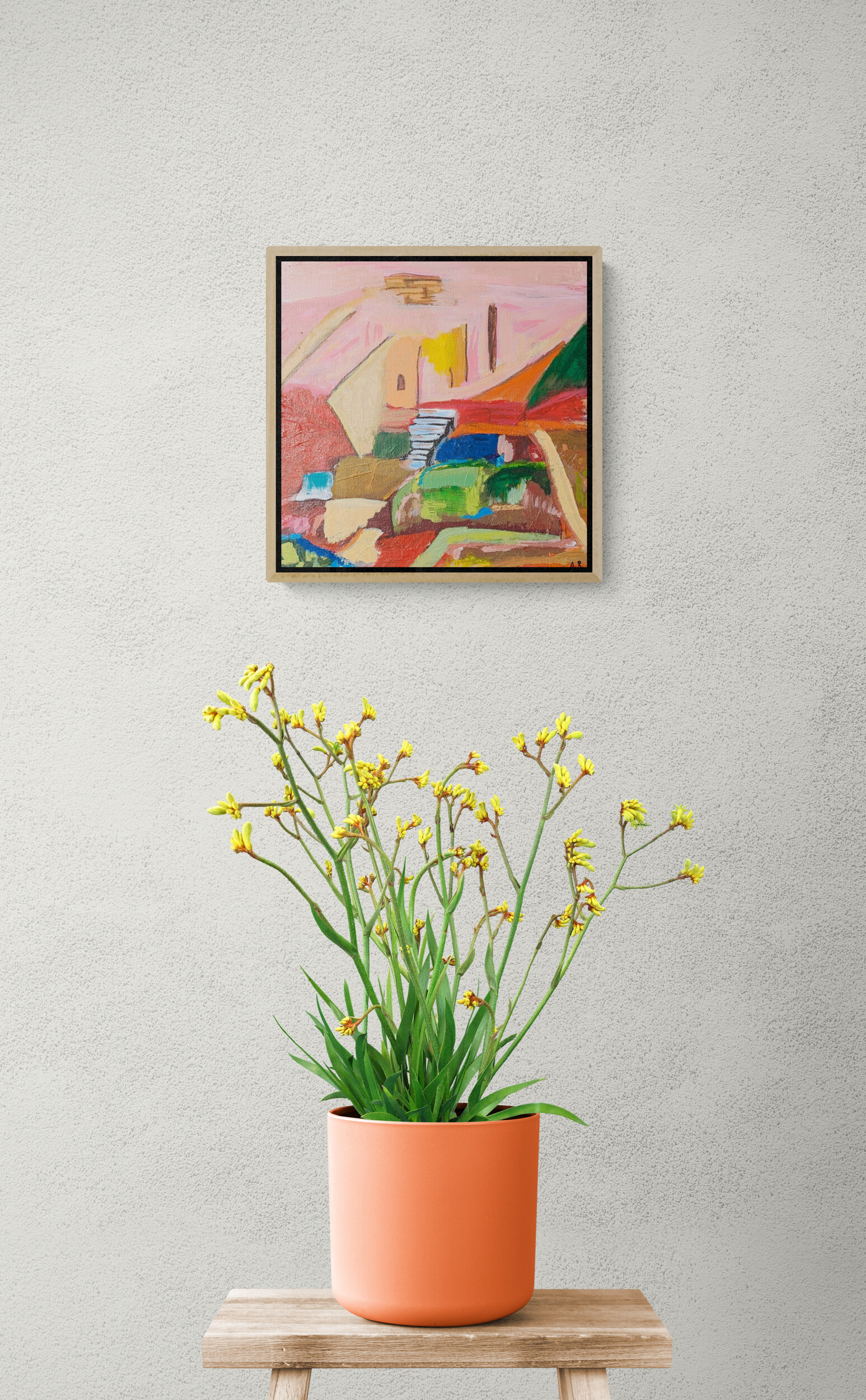 Potted Plant With Yellow Buds Sitting On A Stool (1)