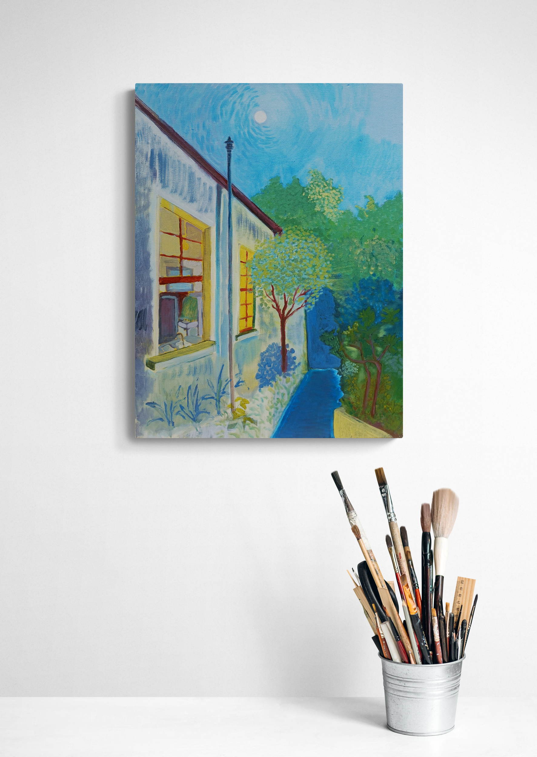 Artists Bench With A Bucket Of Brushes