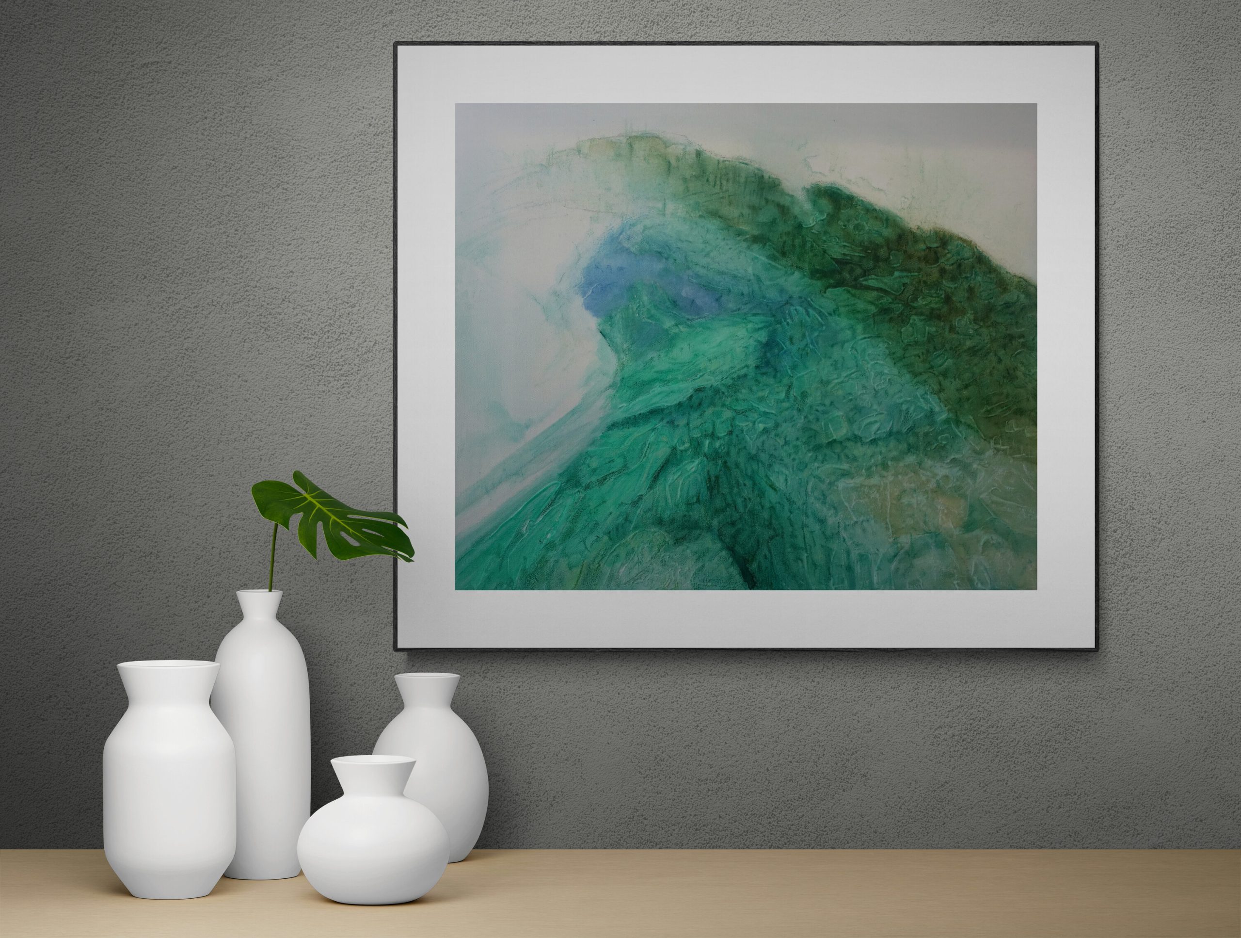 Canvy Opalescence Ceramic Vases And A Plant Sitting On A Shelf