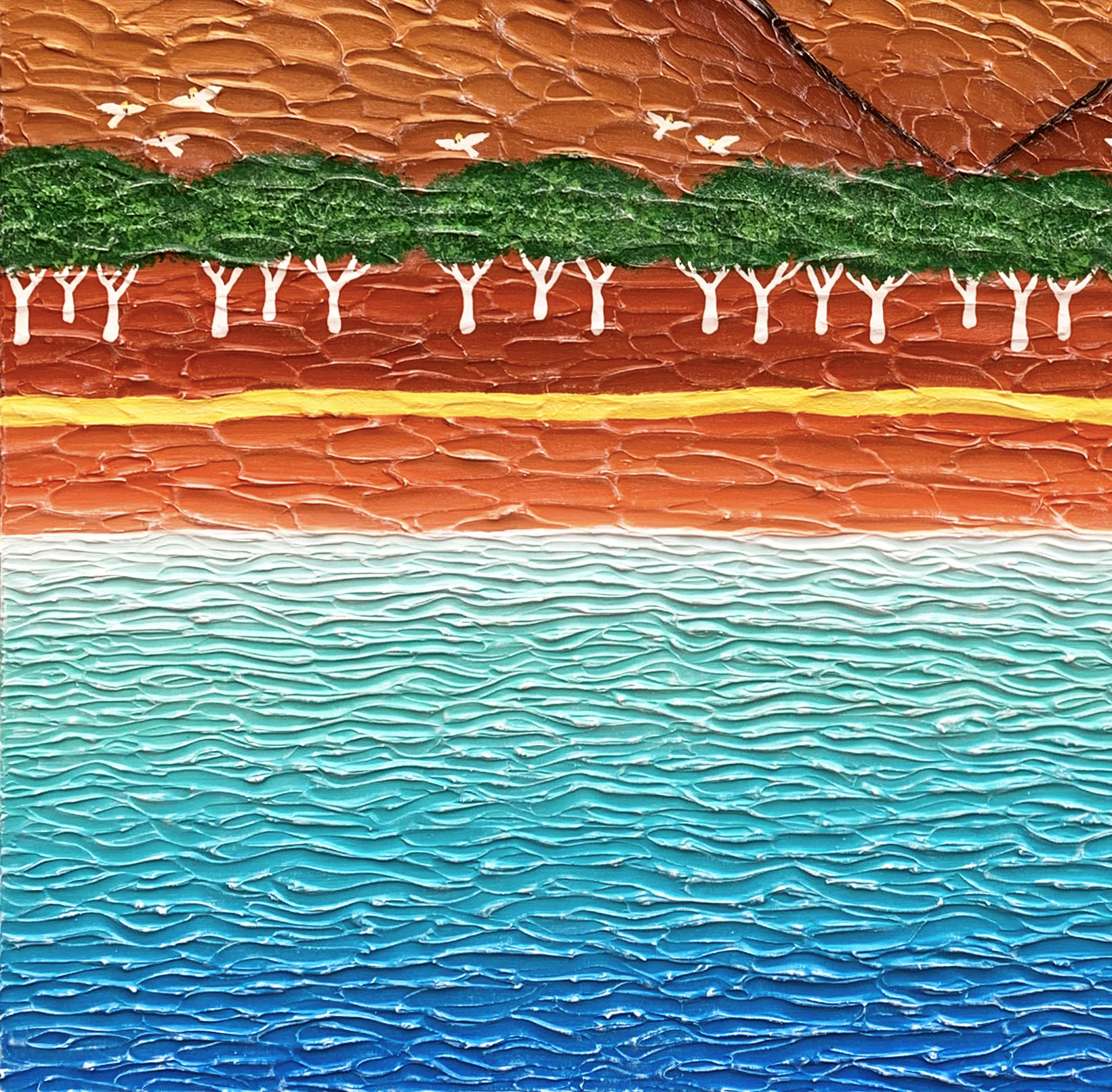 River Summer Holidays With Sulphur Crested Cockatoos Textured Impasto Art Close Up 2 River Summer Holidays With Sulphur Crested Cockatoos Textured Impasto Art Close Up 2