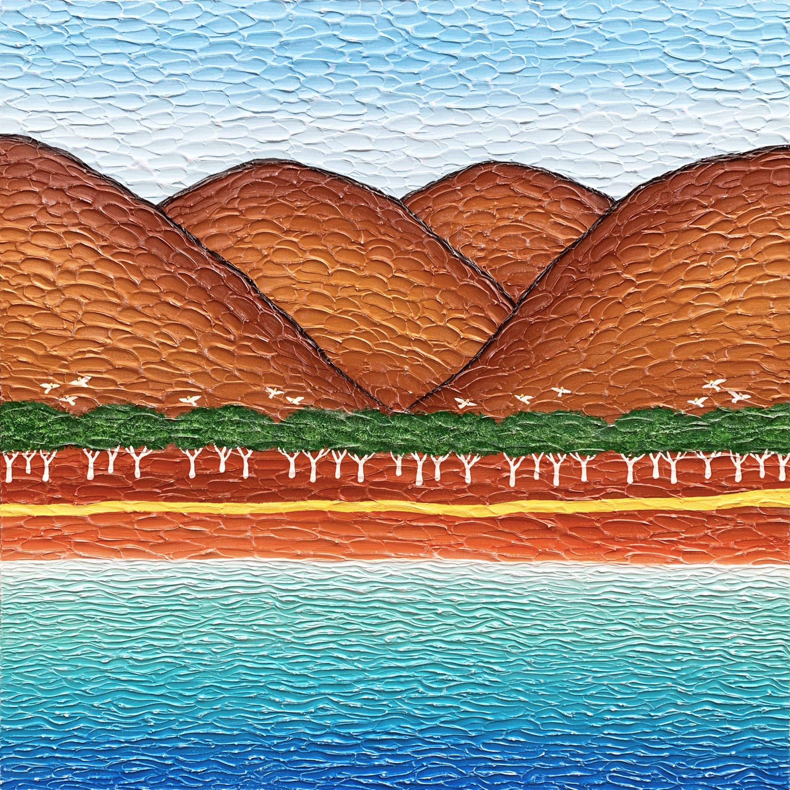 River Summer Holidays With Sulphur Crested Cockatoos Textured Impasto Art River Summer Holidays With Sulphur Crested Cockatoos Textured Impasto Art