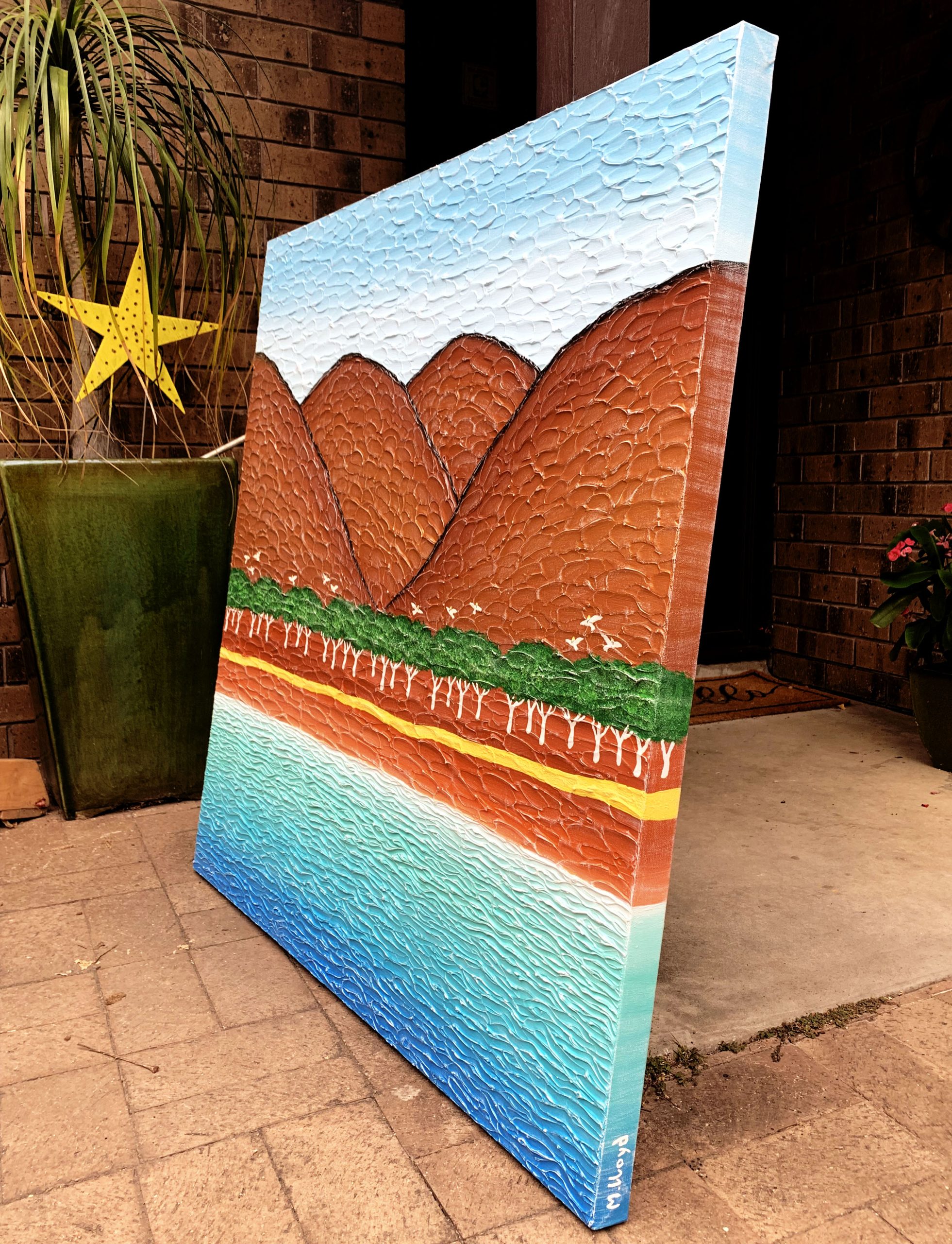 River Summer Holidays With Sulphur Crested Cockatoos Textured Impasto Art Side River Summer Holidays With Sulphur Crested Cockatoos Textured Impasto Art Side