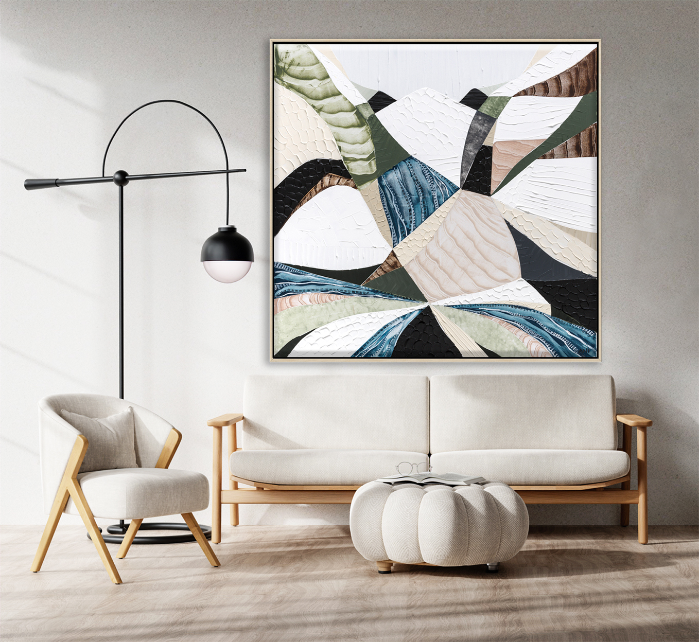 Modern Minimalist Living Room Interior With Blank Frame, Cozy Furniture, And Natural Light