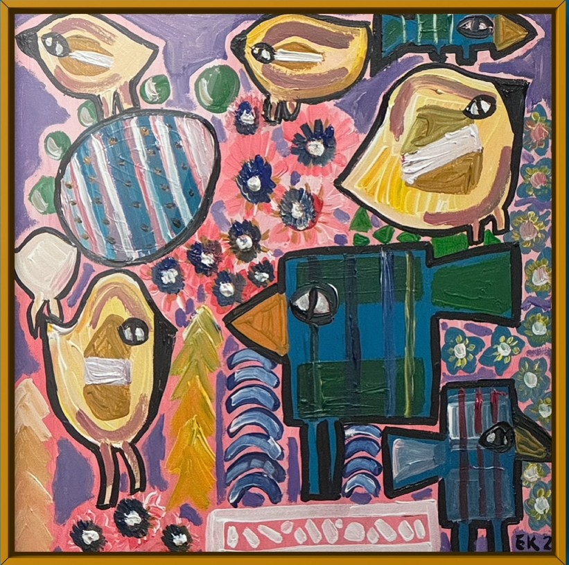 Pink And Purple Bird Landscape Framed